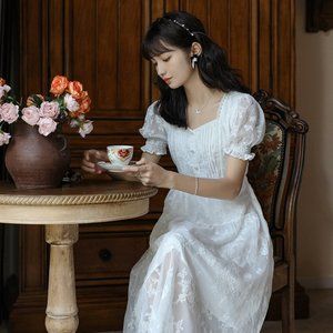 White Midi Dress Summer Vintage Lace Short Sleeve, Size XS [NWT]